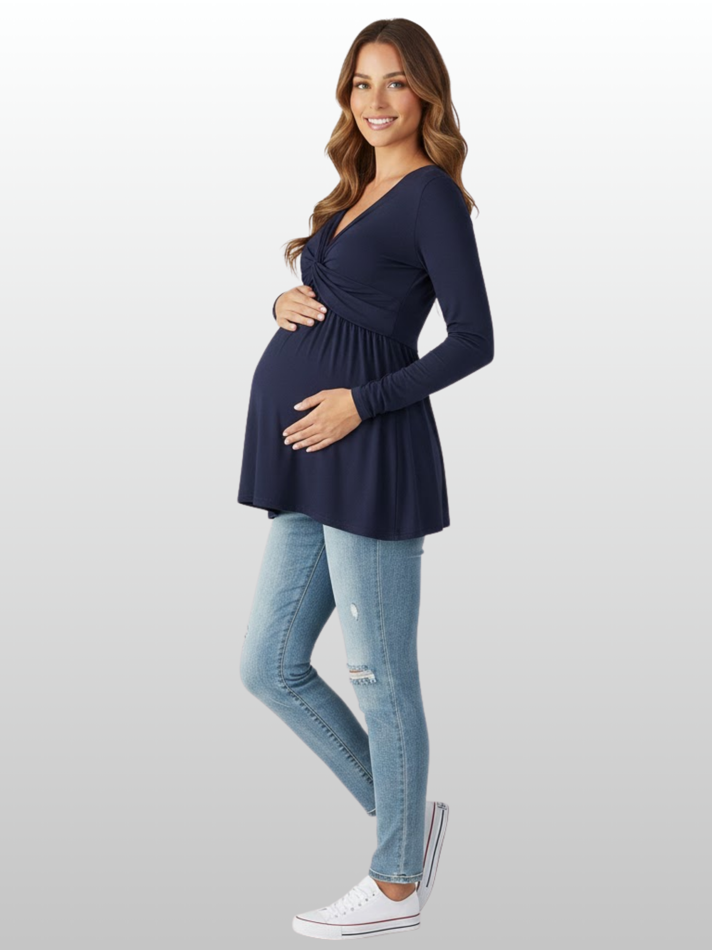 Maternity Tunic, V-Neck, Long Sleeve, Nursing-Friendly, Lightweight, All Trimesters, Flowing Cut, Casual