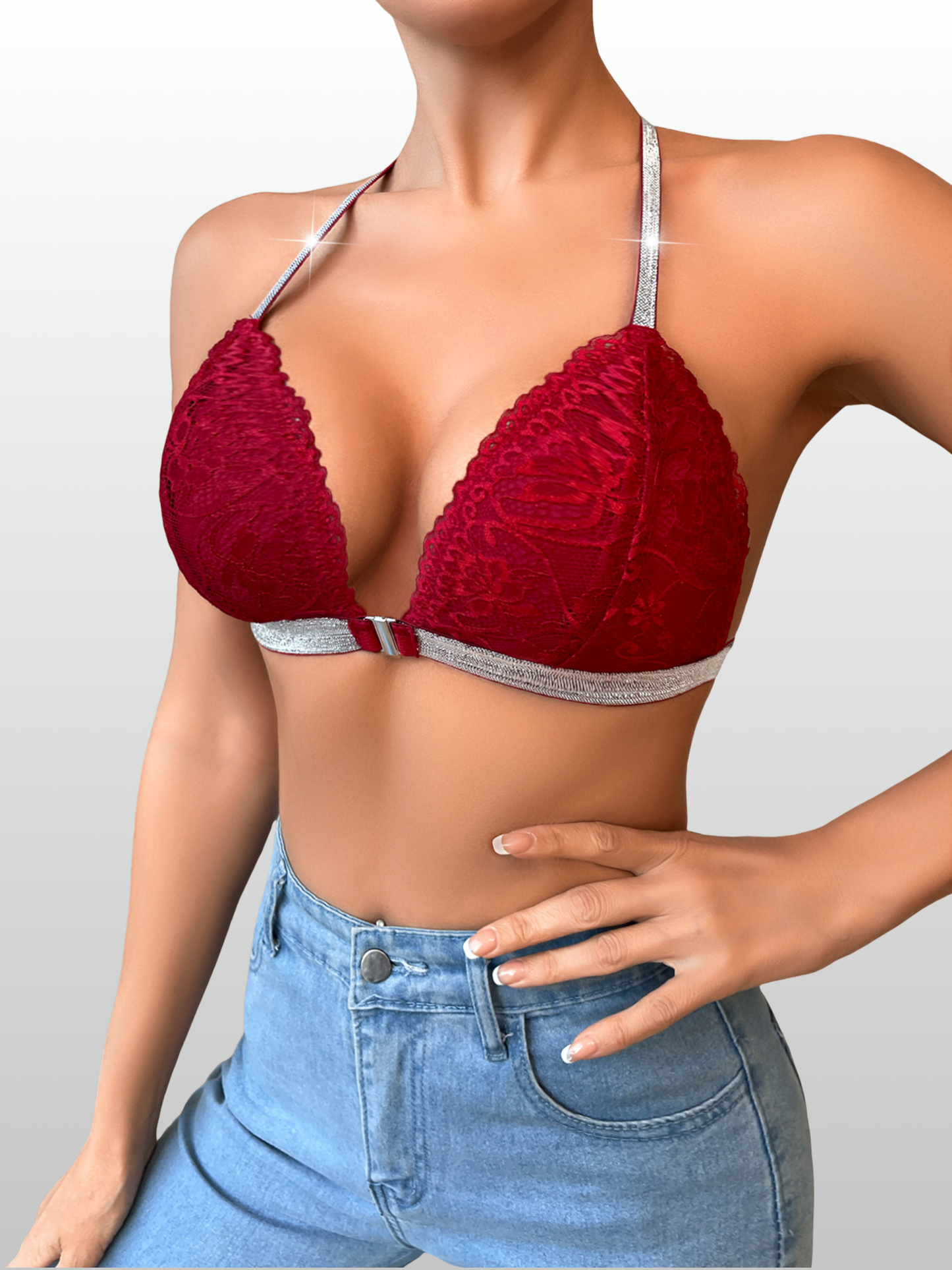 Still-BH, Spitze, Vorderer Clip, Tiefer Ausschnitt, Glitzerträger, Push-up, Bügellos, Bralette