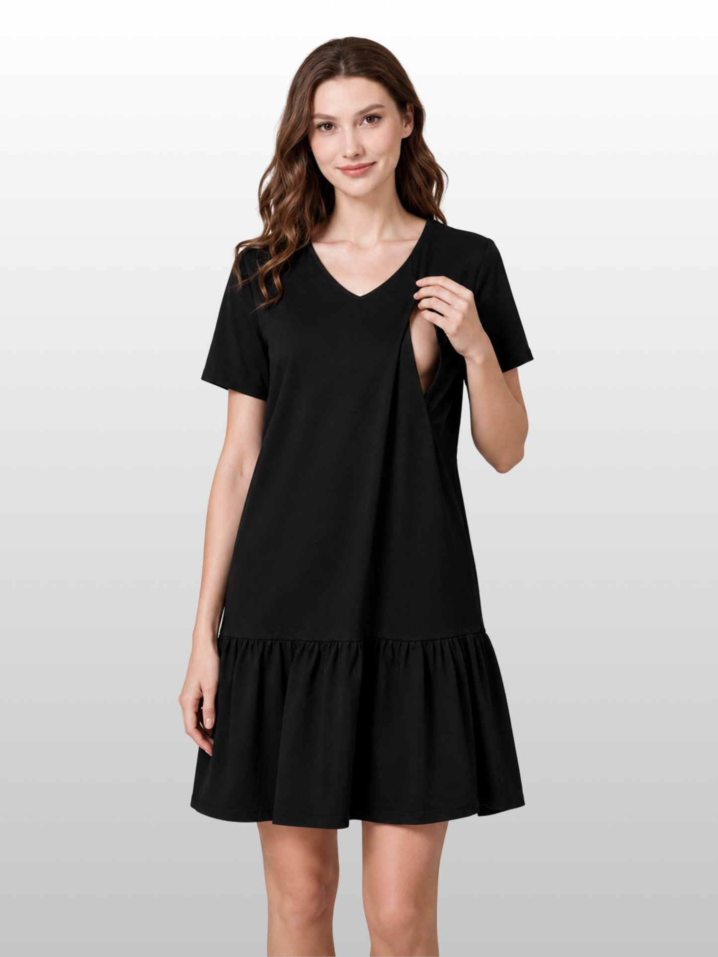 Nursing Dress, Short, Vertical Zipper, Ruffle Hem, Summer, Cotton-Linen, Pregnancy Nursing
