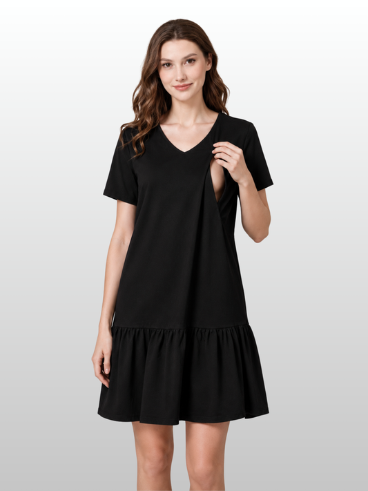Nursing Dress, Short, Vertical Zipper, Ruffle Hem, Summer, Cotton-Linen, Pregnancy Nursing