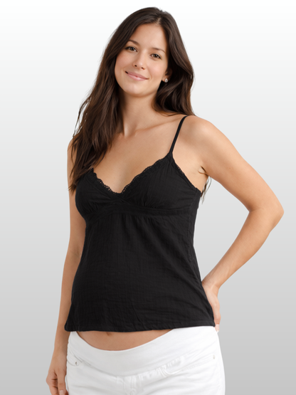 Flyaway-Cami, Bindeband Vorne, Spitzenbesatz, Peplum-Saum, Umstands- & Stillfreundlich, Coquette-Stil