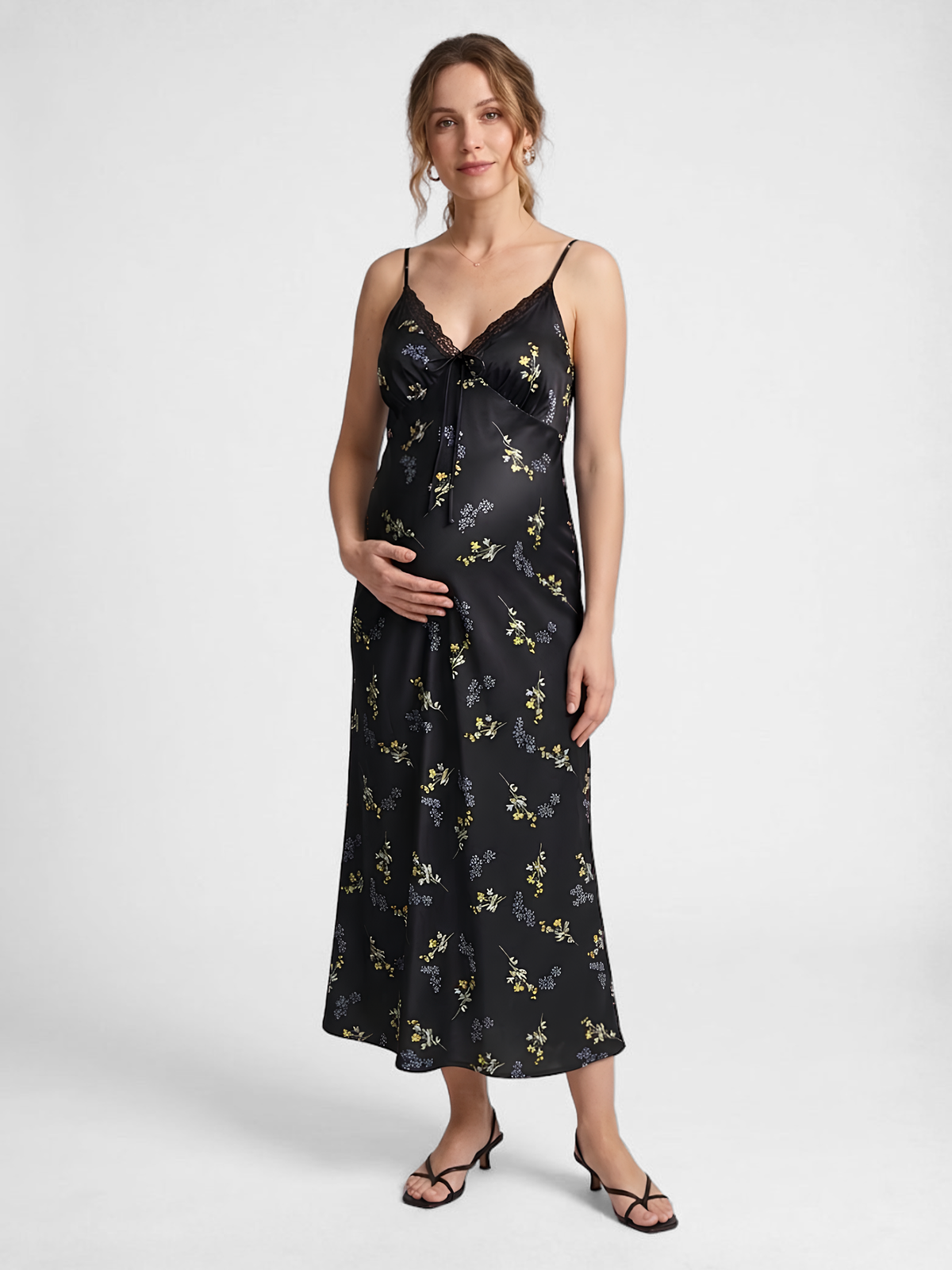 Floral Maternity Slip Dress Midi with Lace V-Neck and Adjustable Straps