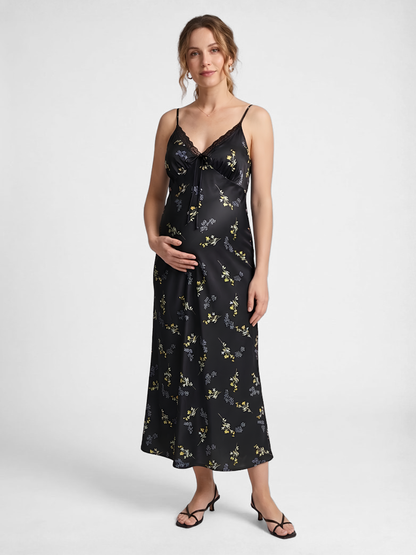 Floral Maternity Slip Dress Midi with Lace V-Neck and Adjustable Straps
