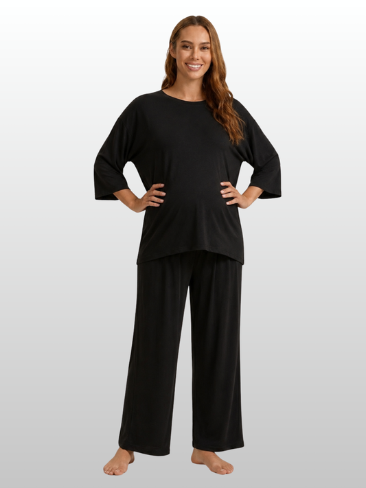 Loungewear-Set Damen: Langarm-Shirt & weite Hose, Jersey