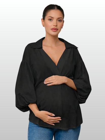 Maternity Blouse, Office Look, Loose Fit, All Trimesters, Collared, Elegant Drape, Postpartum