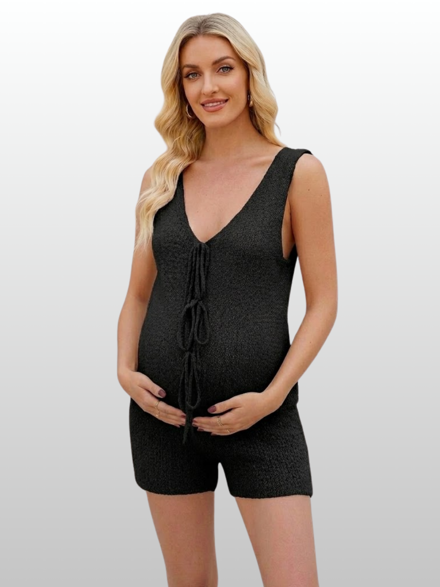 Maternity Set, Boucle Knit, Tie-Front, Sleeveless, Shorts, Nursing-Friendly