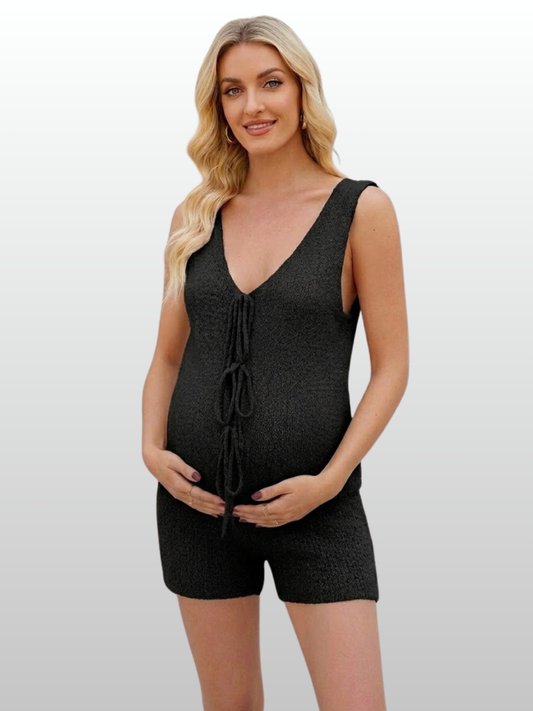 Maternity Set, Boucle Knit, Tie-Front, Sleeveless, Shorts, Nursing-Friendly