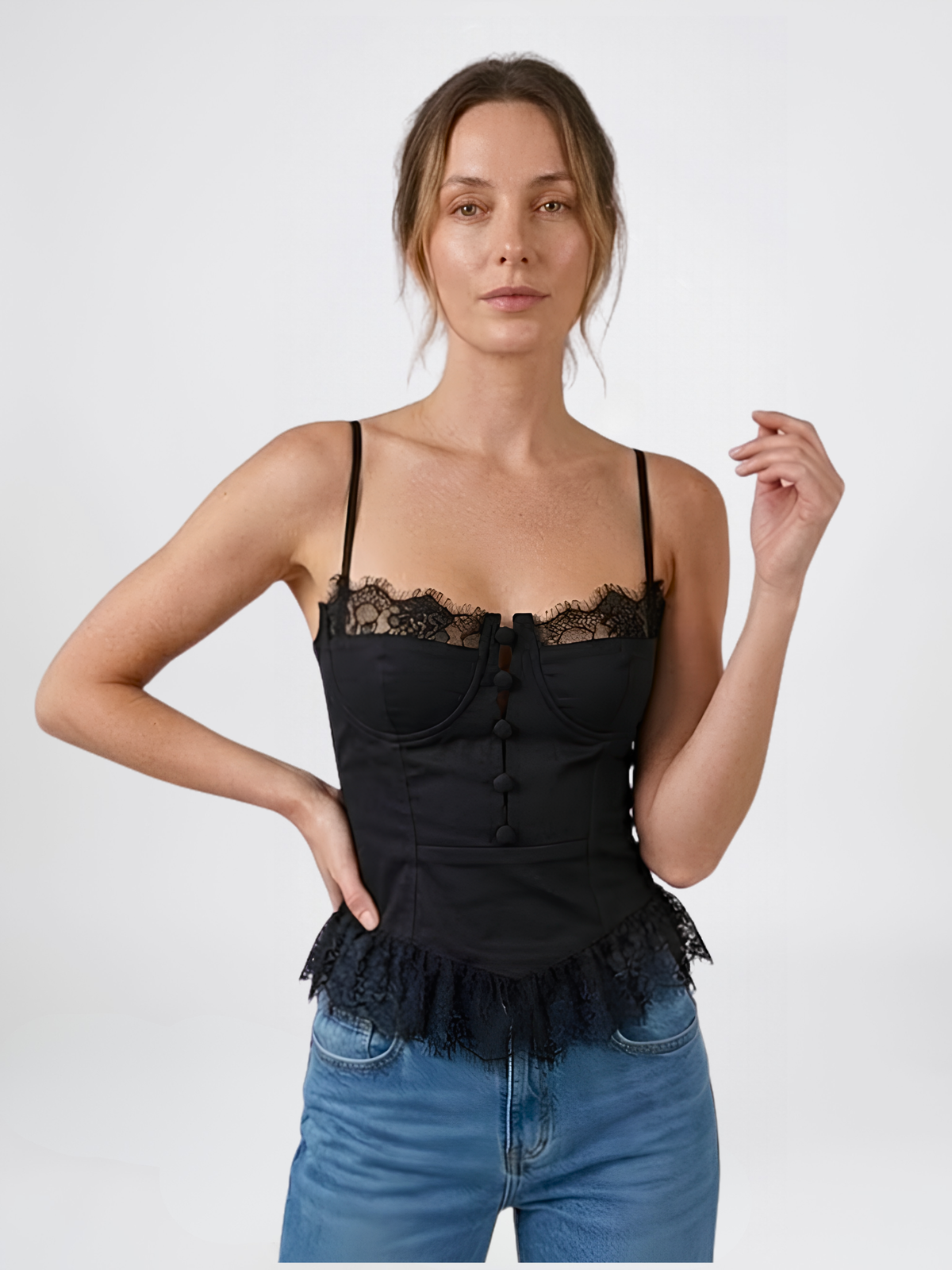 Lace Cami Top in Corset Style with Covered Buttons and Adjustable Straps