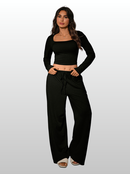 Lounge-Set Damen langarm, eckiger Ausschnitt, weite Hose