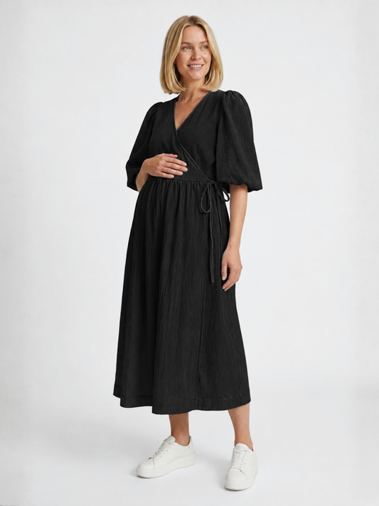 Maternity Wrap Dress in Crinkle Cotton with Puff Sleeves