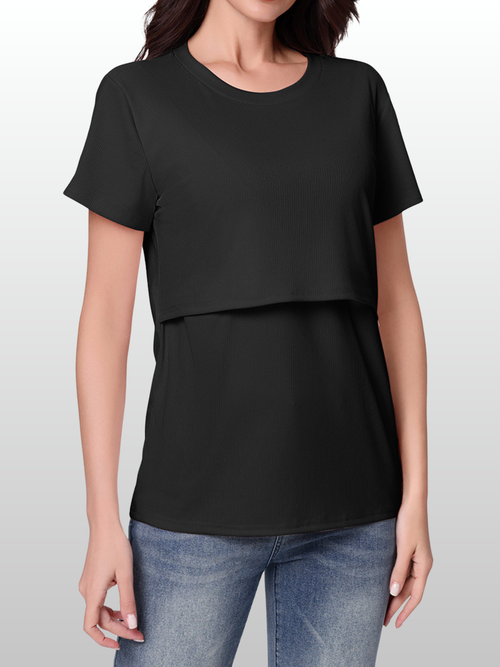 Umstandsmode, Umstands Shirt, Gerippt, Mit Stillzugang, Atmungsaktiv, Dehnbar