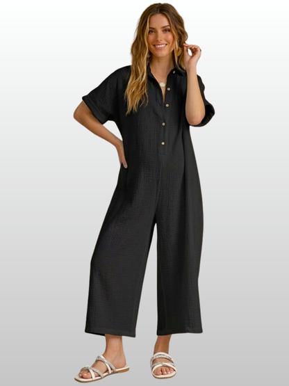 Maternity Jumpsuit, Short Sleeve, Button Placket, Gauze Fabric, Breathable