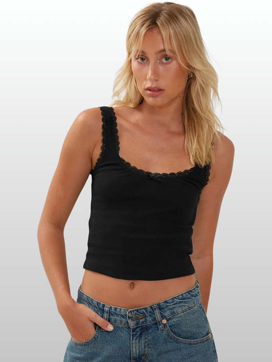 Camisole, Pointelle Ribbed Knit, Lace Trim, Bow, Crop