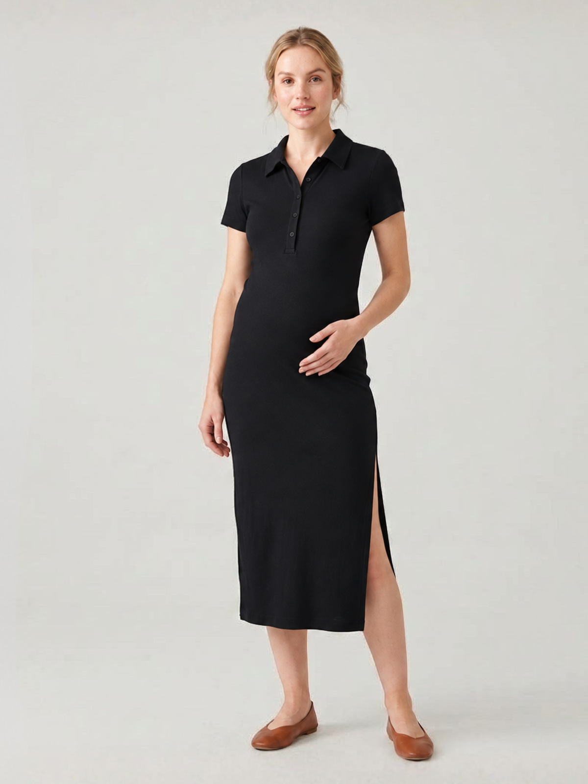 Maternity Polo Dress Ribbed Midi with Side Slit