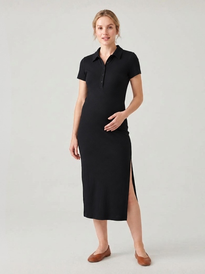 Maternity Polo Dress Ribbed Midi with Side Slit