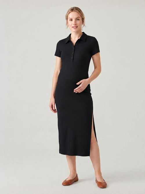 Maternity Polo Dress Ribbed Midi with Side Slit