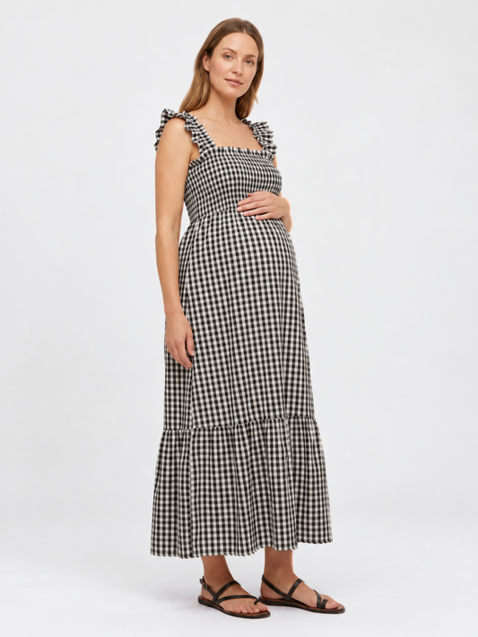 Maternity Dress Gingham Maxi with Smocked Bodice and Ruffle Straps