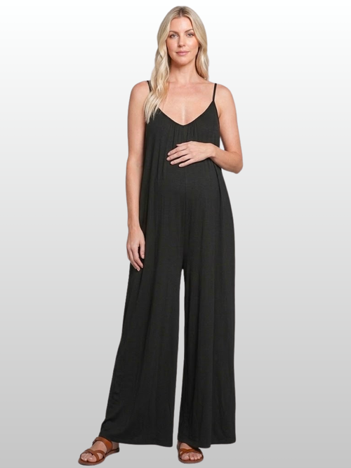 Umstands-Jumpsuit, Spaghettiträger, Tiefes V-Ausschnitt, Weites Bein, Fließend, Lounge, Sommer