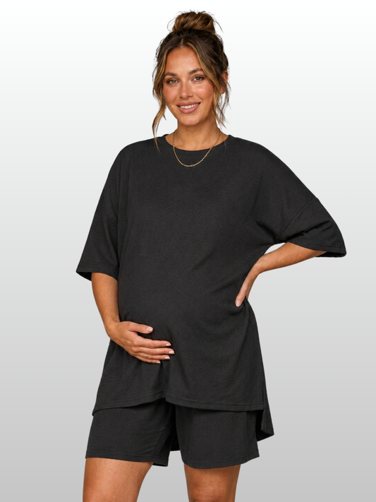 Maternity Lounge Set, Oversized Top & Bike Shorts, High-Low Hem