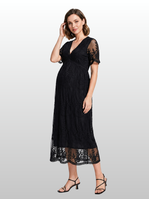 Umstandskleid mit bestickter Spitze, V-Ausschnitt, Empire-Taille