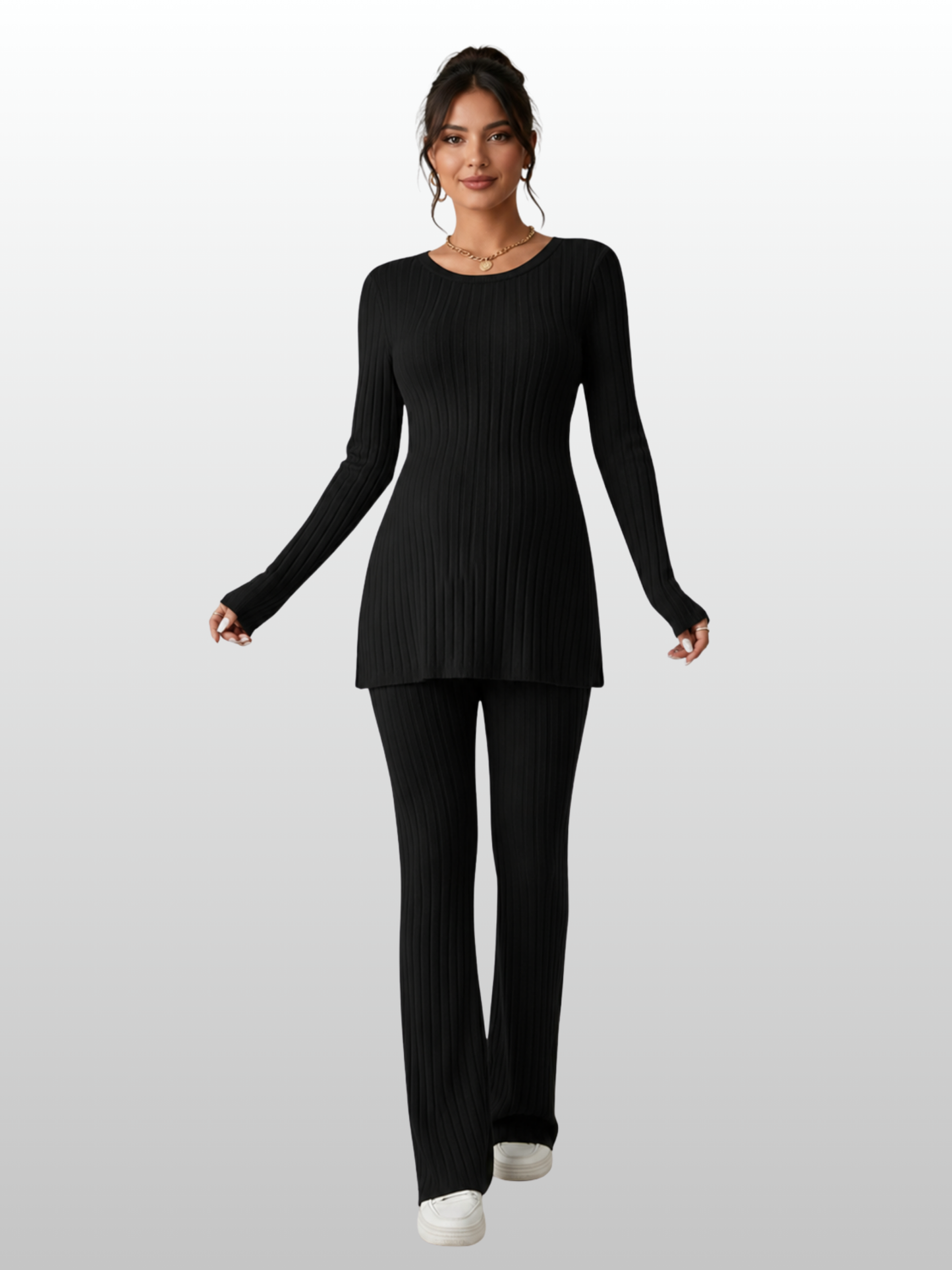 Maternity Outfit, Pregnancy Set, Two-Piece Ribbed Knit, Tunic & Flare Pants, Long Sleeve Crewneck