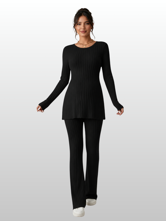 Maternity Outfit, Pregnancy Set, Two-Piece Ribbed Knit, Tunic & Flare Pants, Long Sleeve Crewneck