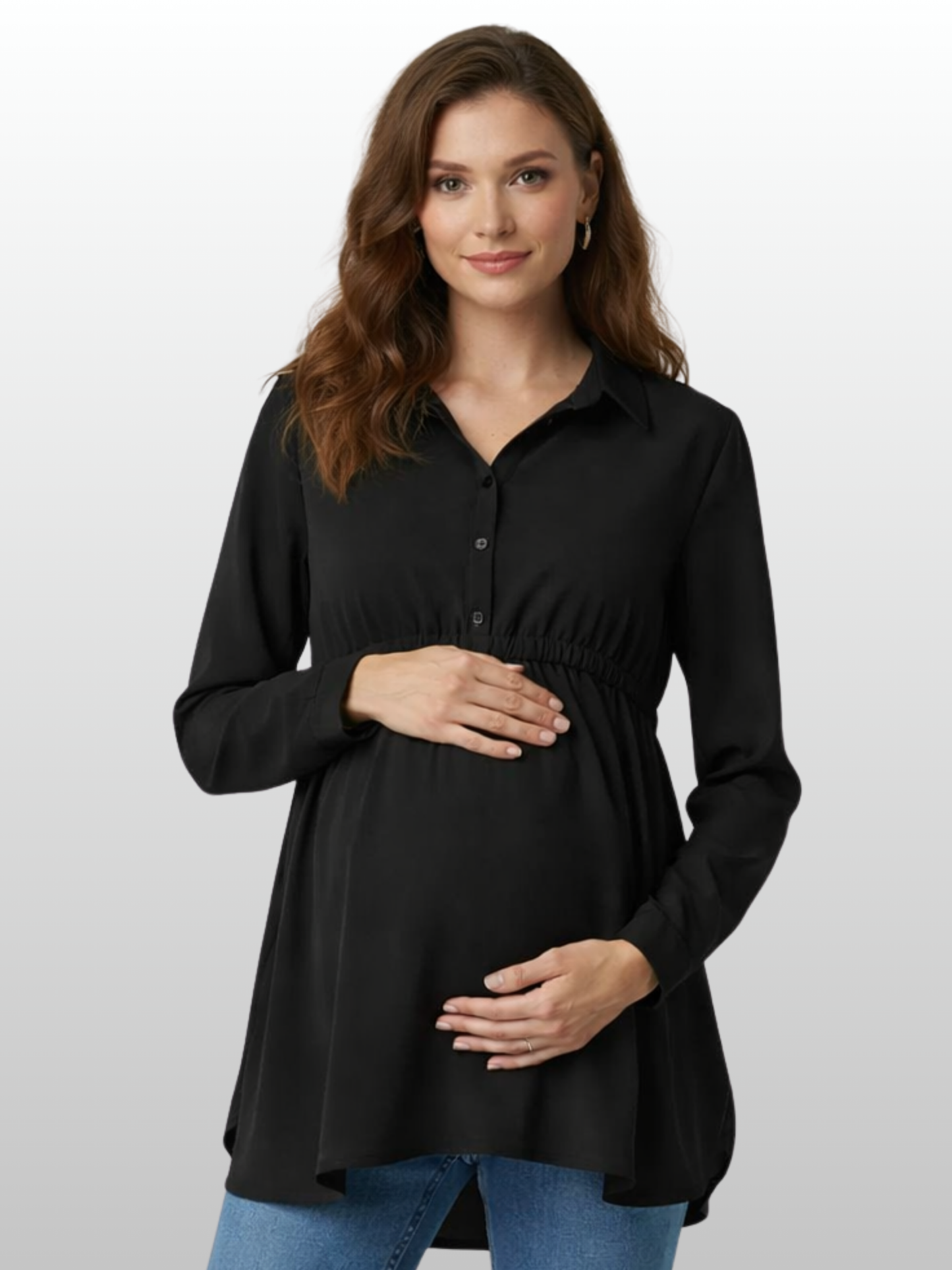 Maternity Blouse, Empire Waist, Adjustable Drawstring, A-Line, Shirt Collar, All Trimesters, Office, Nursing