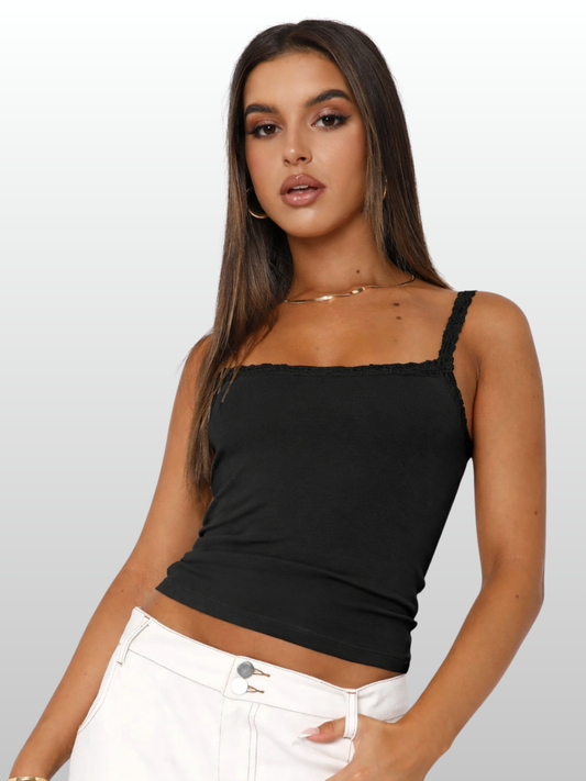 Tank Top, Lace Straps, Ribbed Stretch, Square Neckline, Longline