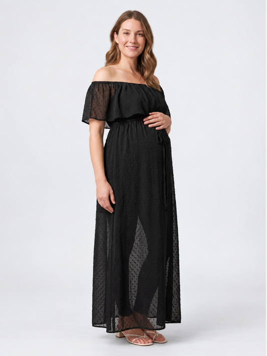 Maternity Photoshoot Dress Off Shoulder Maxi in Sheer Swiss Dot