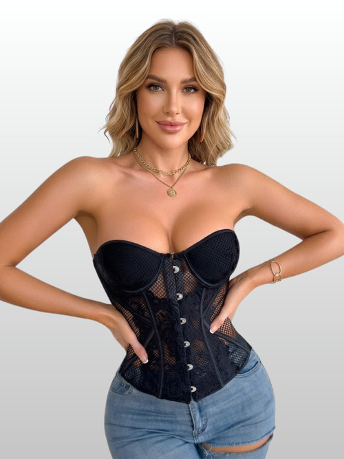 Corset Top, Strapless, Lace Mesh, Lace-Up Back, Underwire