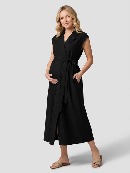 Maternity Dress Midi in Cotton with Lapel Collar and Nursing Access