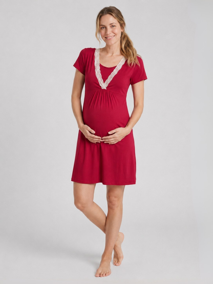 Nursing Nightgown Short Sleeve with Lace Neckline and Empire Waist