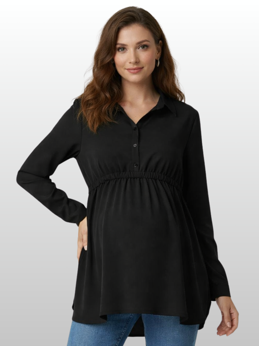 Maternity Blouse, Empire Waist, Adjustable Drawstring, A-Line, Shirt Collar, All Trimesters, Office, Nursing