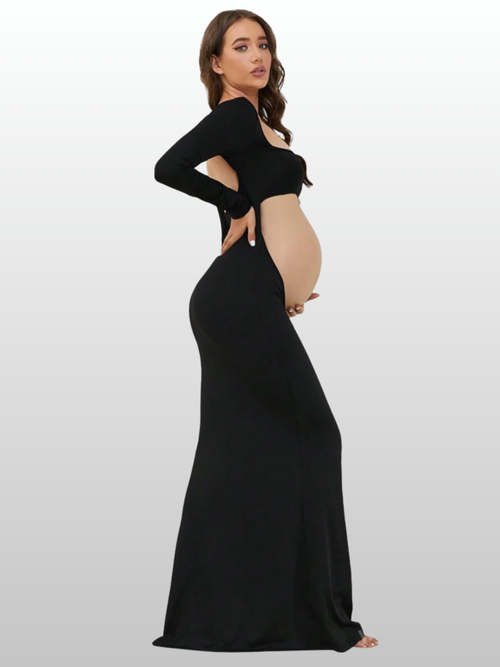mumshape™ Long-Sleeve Maternity Maxi Dress with Cut-Out - Elegant Pregnancy Photoshoot Dress