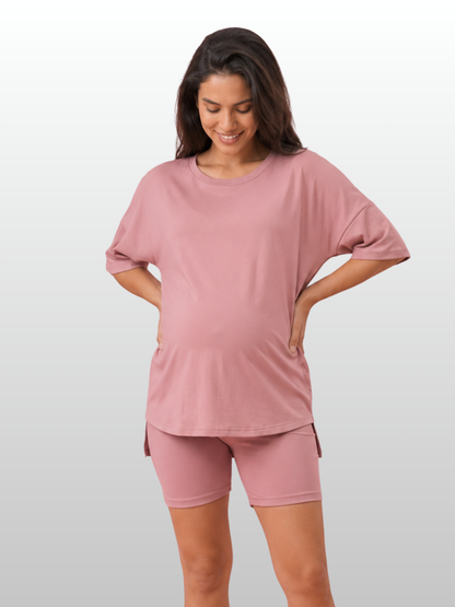 Maternity Lounge Set, Oversized Top & Bike Shorts, High-Low Hem