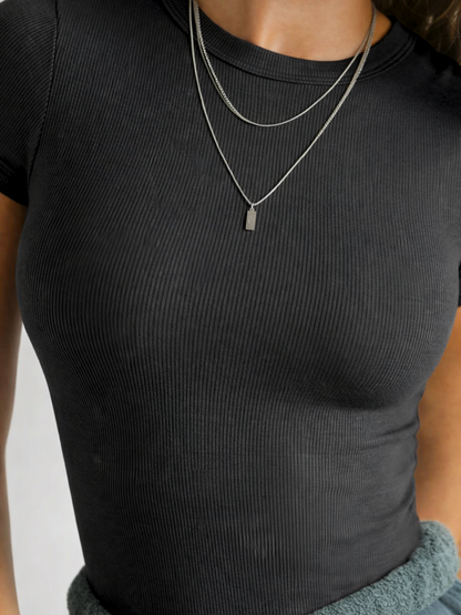 Women's T-Shirt, Ribbed Knit, Crew Neck, Body-Skimming, Stretch