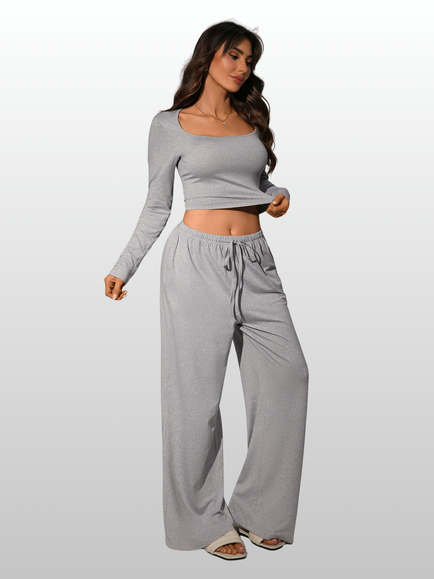 Lounge-Set Damen langarm, eckiger Ausschnitt, weite Hose