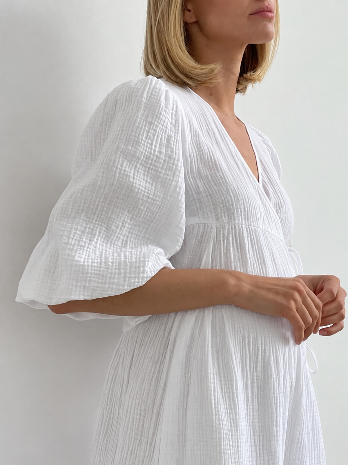 Maternity Wrap Dress in Crinkle Cotton with Puff Sleeves