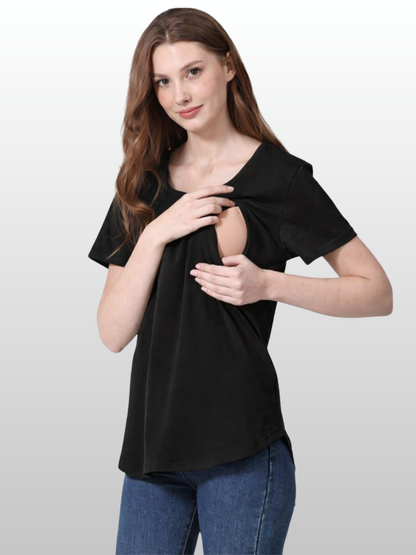 Maternity Nursing Top, Hidden Zipper, Discreet Nursing Access, Cotton, Pregnancy Nursing, One-Handed