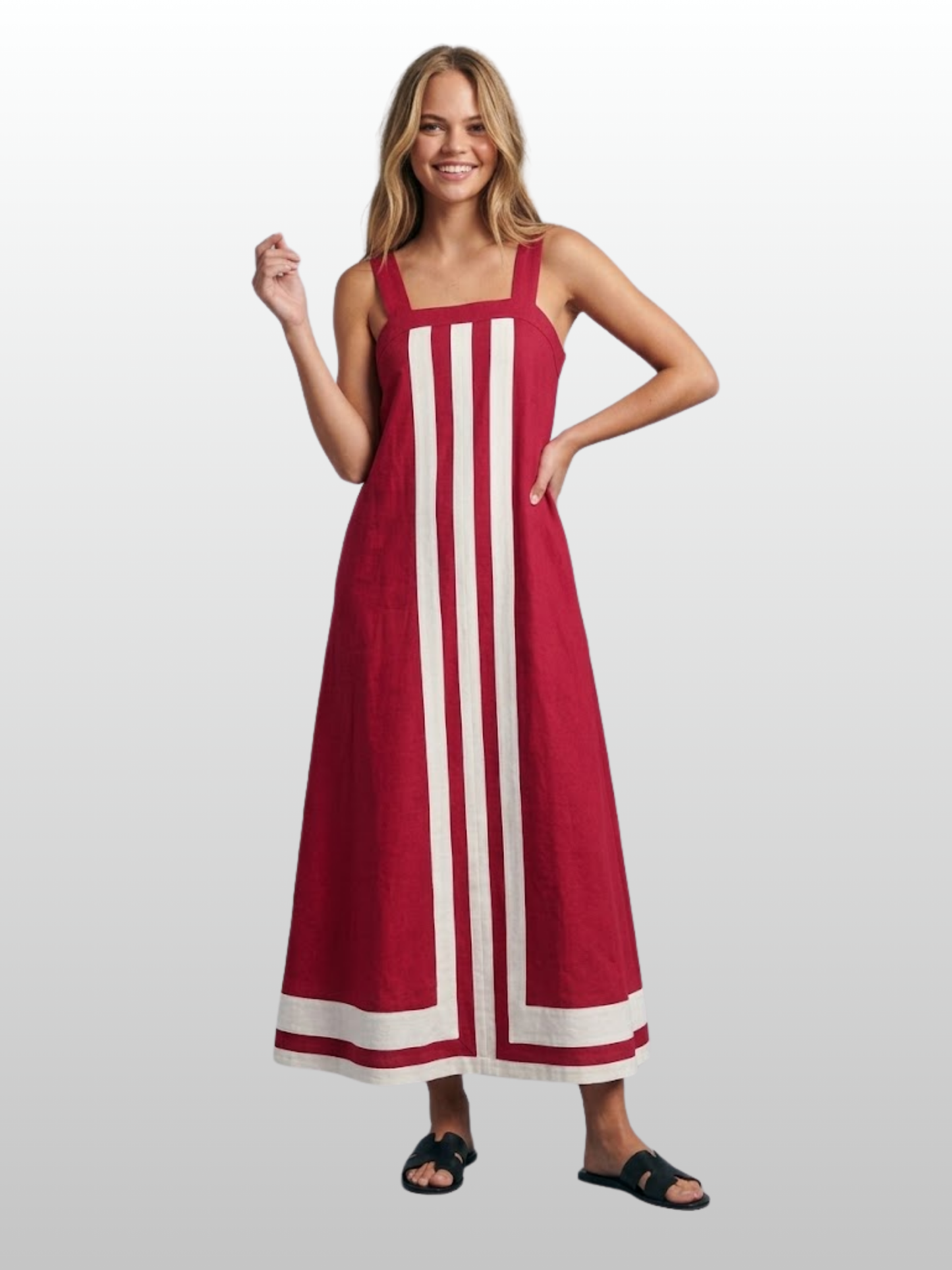 Sommerkleid Midi A-Linie mit Kontraststreifen, ärmellos