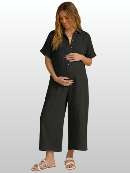 Maternity Jumpsuit, Short Sleeve, Button Placket, Gauze Fabric, Breathable