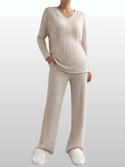 Maternity Ribbed Co-Ord Set, Pregnancy Nursing, V-Neck Long Sleeve Top, Wide-Leg Pants, Loungewear Two-Piece, All Seasons