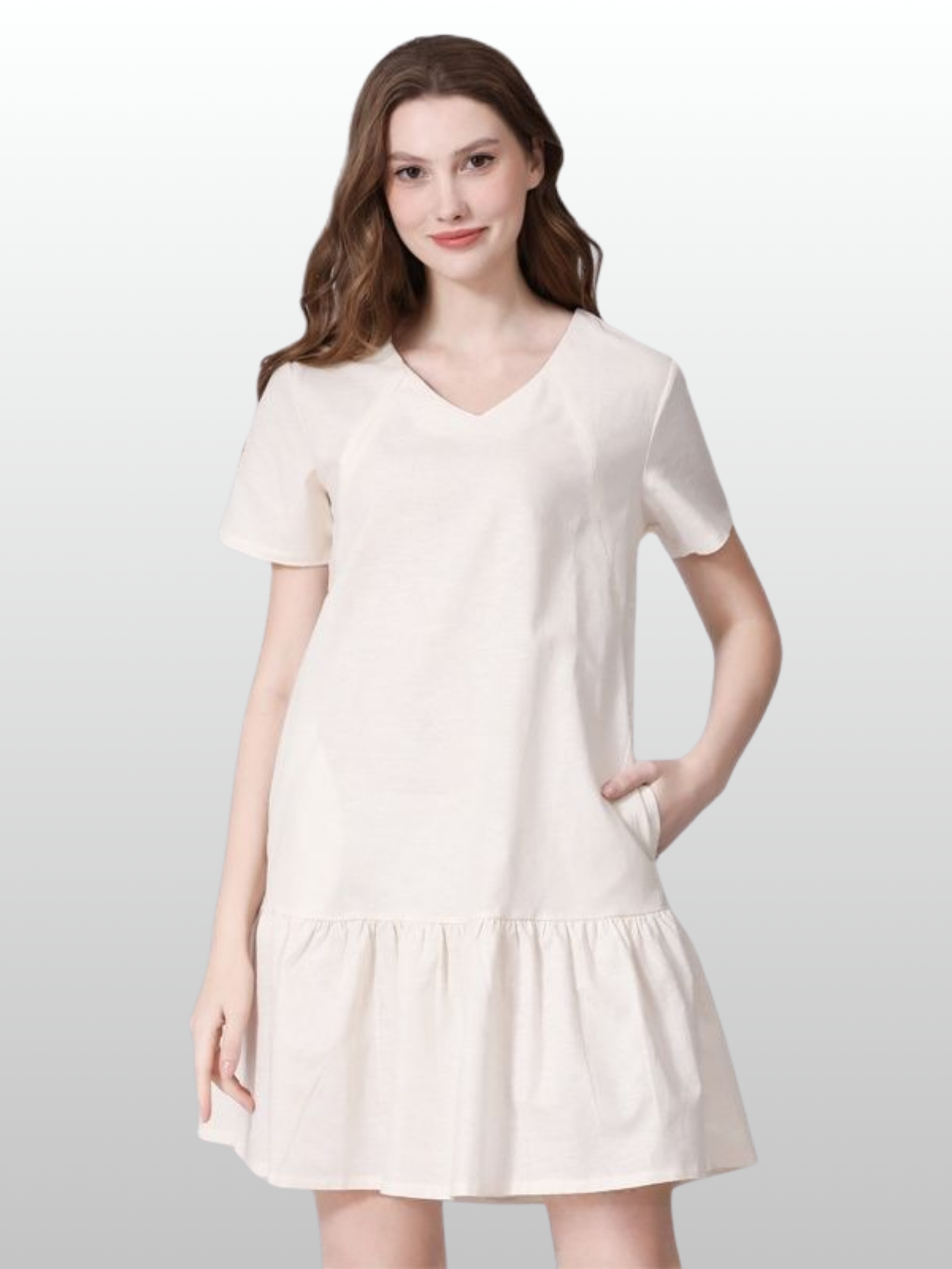 Nursing Dress, Short, Vertical Zipper, Ruffle Hem, Summer, Cotton-Linen, Pregnancy Nursing