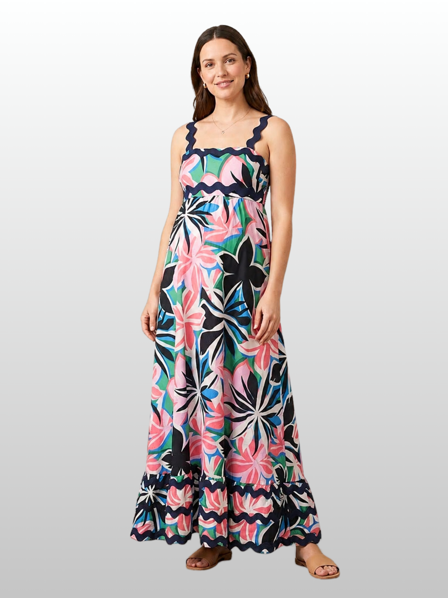 Sommerkleid Maxi mit Muster, geraffter Rücken, Empire-Taille