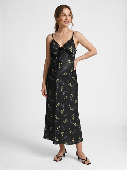 Floral Maternity Slip Dress Midi with Lace V-Neck and Adjustable Straps