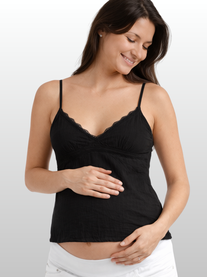 Flyaway-Cami, Bindeband Vorne, Spitzenbesatz, Peplum-Saum, Umstands- & Stillfreundlich, Coquette-Stil