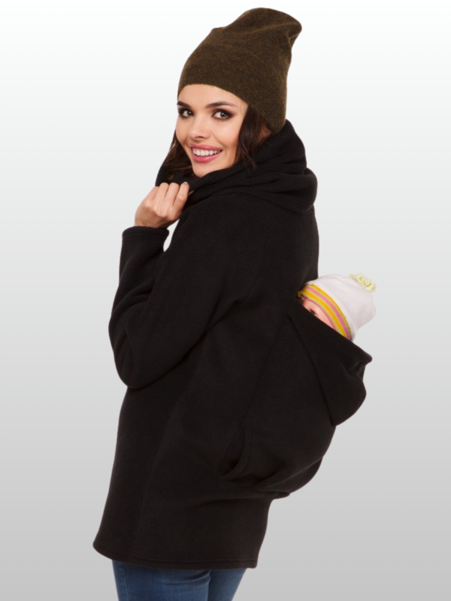 Babywearing Hoodie, Fleece, Kangaroo Jacket, Front & Back Carry, Built-In Baby Hood