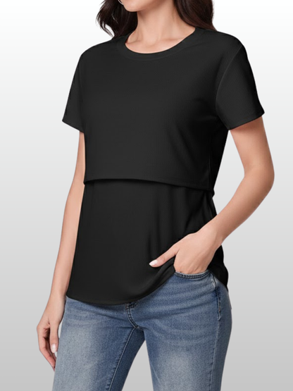 Umstandsmode, Umstands Shirt, Gerippt, Mit Stillzugang, Atmungsaktiv, Dehnbar