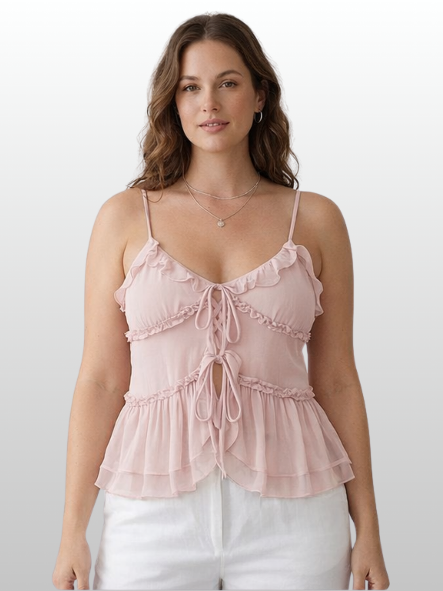 Camisole, Ruffles, Front Tie, Peplum Hem, Chiffon, Spaghetti Straps
