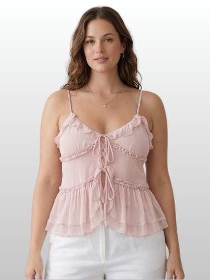 Camisole, Ruffles, Front Tie, Peplum Hem, Chiffon, Spaghetti Straps